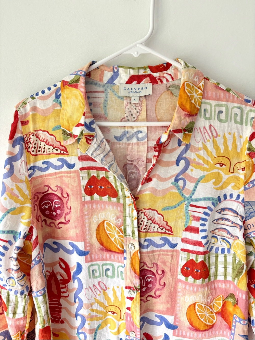 Calypso St. Barth Colorful Linen Blend Coastal Print Button Down Shirt Vacation - Picture 2 of 11